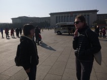 Beijing, Tienanmen square, Chinese girl practising her English