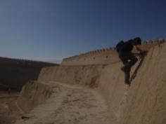 Climbing up the city walls, Khiva, Uzbekistan